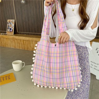 Túi vải tote đeo vai kẻ sọc caro Hàn Quốc mùa hè dễ thương Cuahangso24