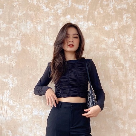 Áo croptop thun Mia Ritta nhún chun dài tay A1907 ảnh thật feedback