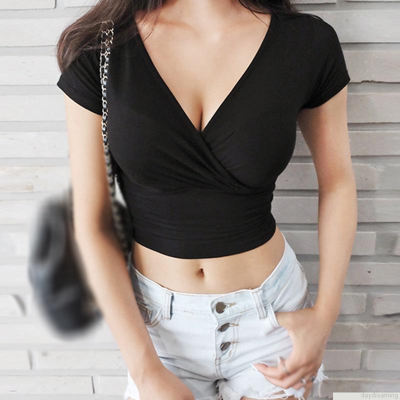 Áo Croptop Áo Thun Tay Lỡ Ngắn Tay Cổ Chữ V Quyến Rũ Thời Trang Cho Nữ