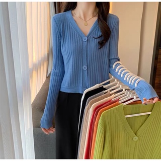 Áo khoác Cardigan 3 khuy nữ len tăm cúc nhựa cổ V dài tay mềm mịn Quảng Châu, áo len mỏng dáng ngắn croptop cổ tim