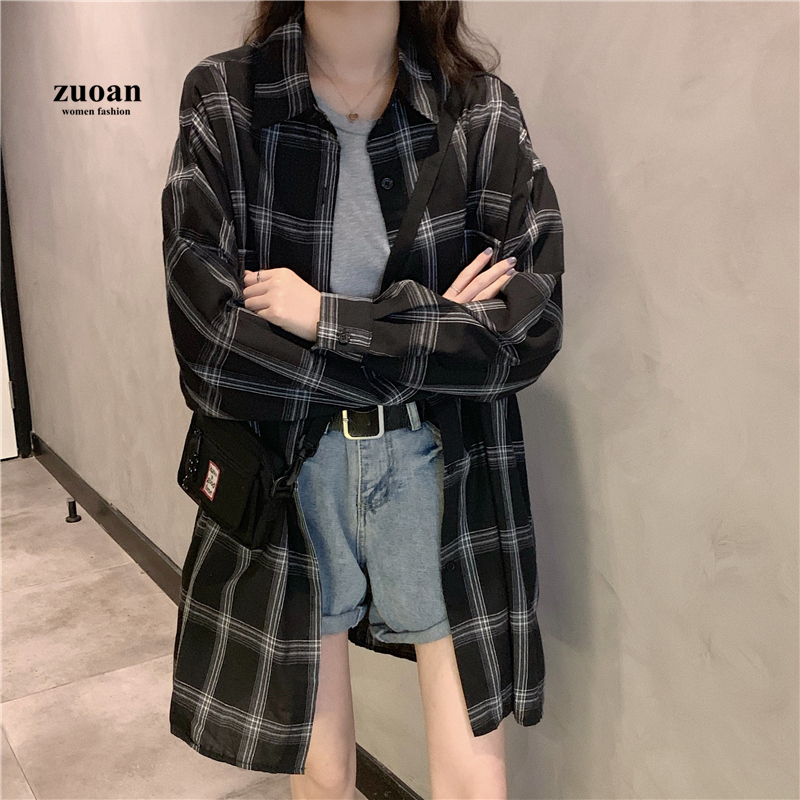 SUXI Áo sơ-mi tay dài họa tiết kẻ ca rô hợp thời trang cho nữ