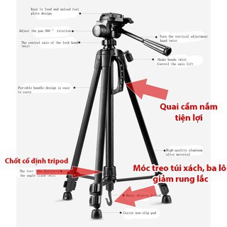 Chân Máy Ảnh Tripod Weifeng WT-3520, khung nhôm , cao 1.4m chịu tải 3kg, chụp hình từ xa, có móc treo và túi đeo