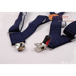 Đai đeo quần nam, dây đai 2 điểm Hosler Suspender - dây yếm quần nam cao cấpm xanh đen chấm bi trắng