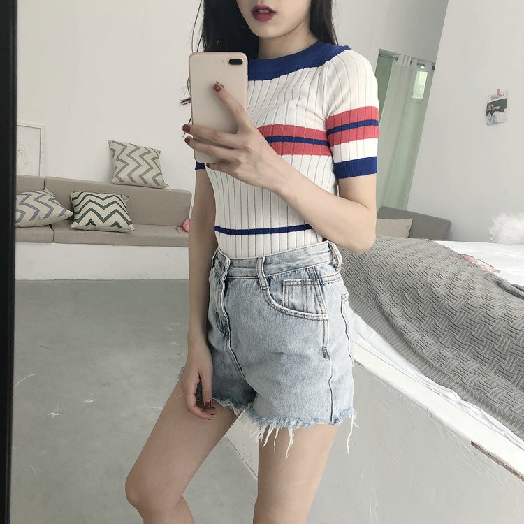 [ ORDER ] áo len gân cộc tay ulzzang order len mỏng ngắn tay sọc dáng hàn quốc KÈM ẢNH THẬT