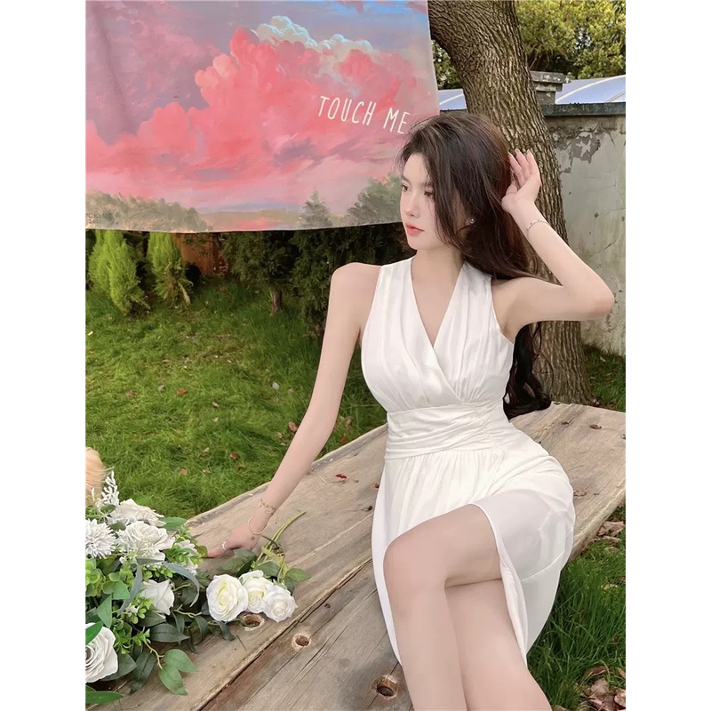 Đầm trắng hai dây xẻ tà midi Emilyshop ulzzang
