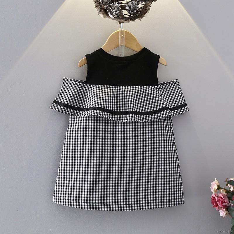 Đầm cotton kẻ ca rô trễ vai dễ thương cho bé