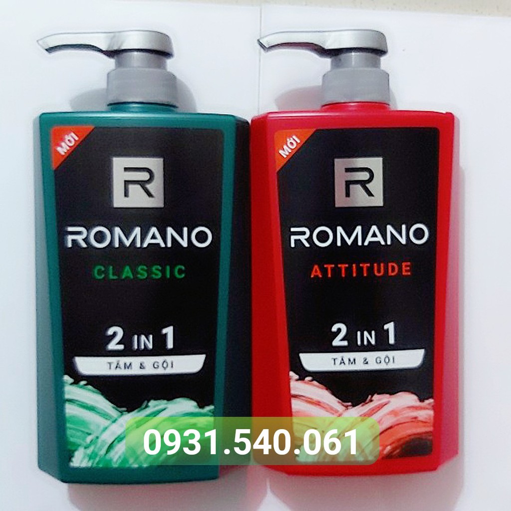 ROMANO 2IN1_ COMBO 2 CHAI TẮM GỘI ROMANO 650G ( 1 CHAI CLASSIC+ 1 CHAI ATTITUDE).