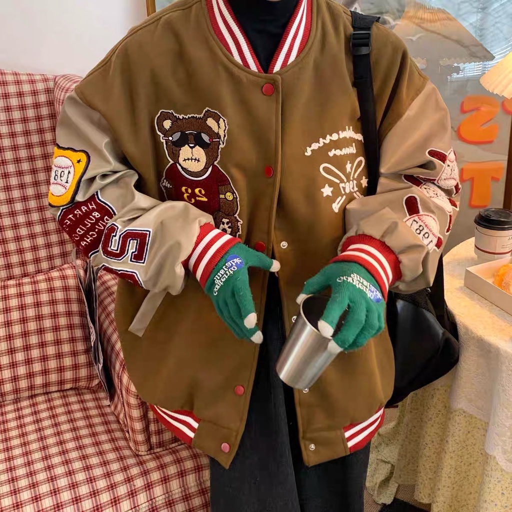 (Hàng có sẵn)Áo bomber varsity vải dạ tay da họa tiết thêu gấu,Áo khoác varcity nam nữ DT133