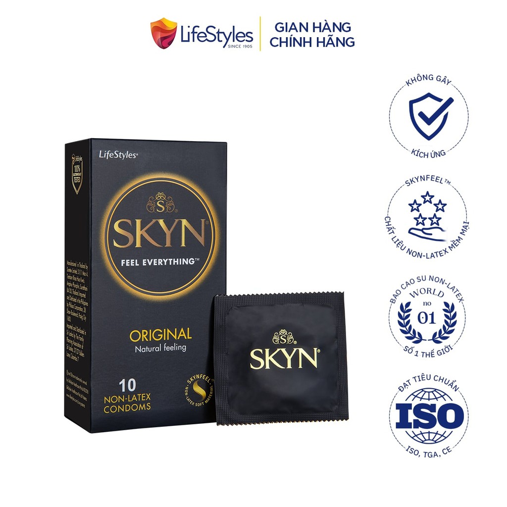 Bao cao su LifeStyles SKYN Original Non-latex cao cấp không mùi cao su không gây dị ứng 10 bao