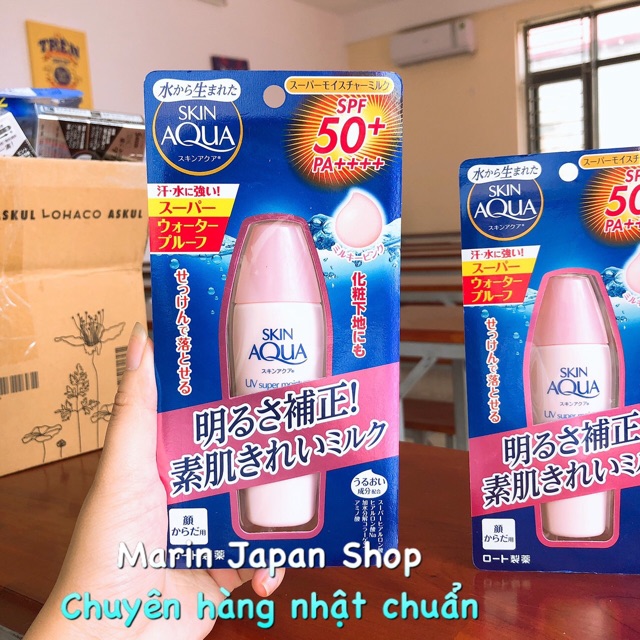 (Sale 35%)Kem chống nắng kiêm kem lót trang điểm cho mặt và body Skin Aqua màu hồng UV Super Moisture Milk Pink Nhật Bản