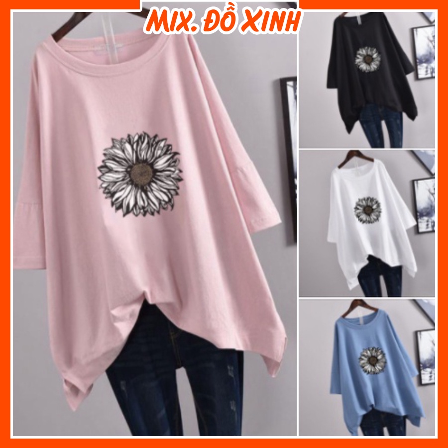 Áo phông unisex freesize form rộng tay lỡ Thu Hà chất liệu thun Cotton in hình Hoa Hướng Dương