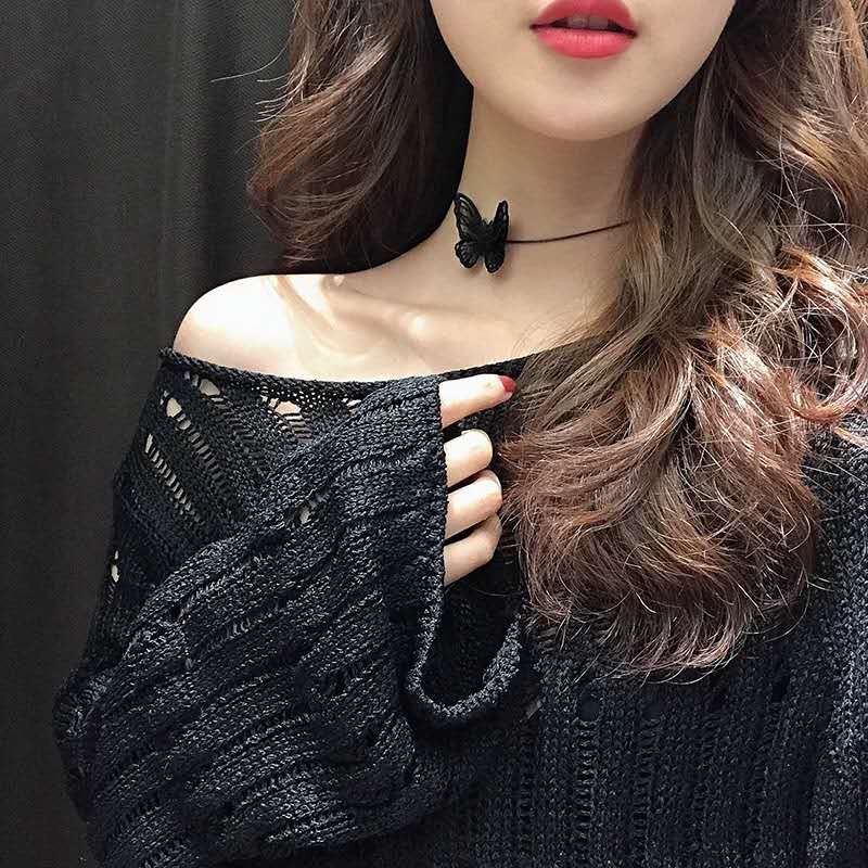 choker Vòng cổ bướm ngắn màu đen dây chuyền bướm