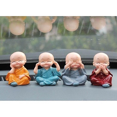 Bộ Tượng Chú Tiểu Hòa Thượng Tứ Không - Phật Phong Thủy Mini 4 Tư Thế, Trang Trí Xe Hơi, Để Bàn