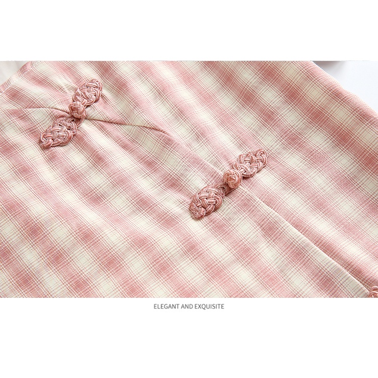 Real Shot Spot Plaid Floral Chiffon Dress Women Can Be Sweet and Salt Temperament Age Reduction Small Modified Cheongsam a Skirt Button Split Bow Pink S M L XL