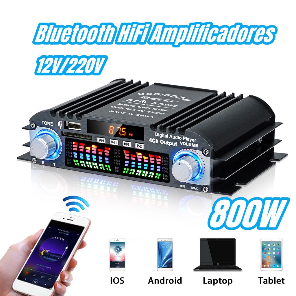 12V/220V 800W Bộ Khuếch Đại Âm Thanh HiFi bluetooth 4 Kênh Cho Xe Hơi + Bộ Phụ Kiện Đi Kèm Loa ô tô