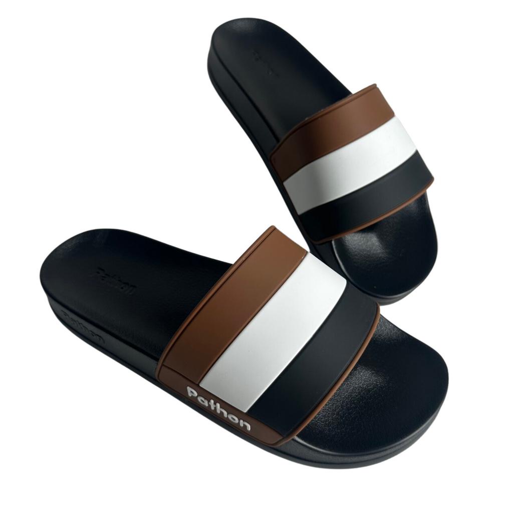 Dép nam nữ quai ngang slipper Pathon quai PVC và đế PU đen quai phối xọc đen nâu lớn SD121