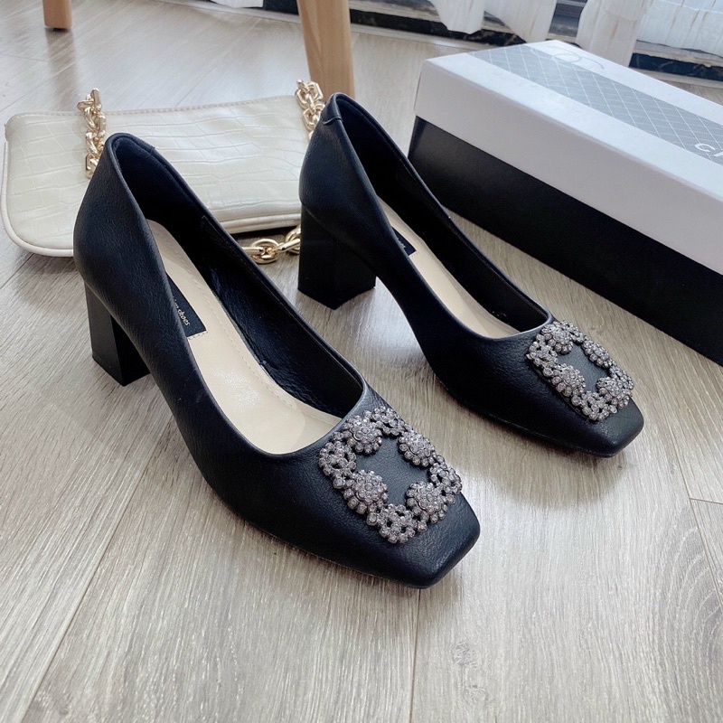 Giày da lỳ mũi vuông nơ đá