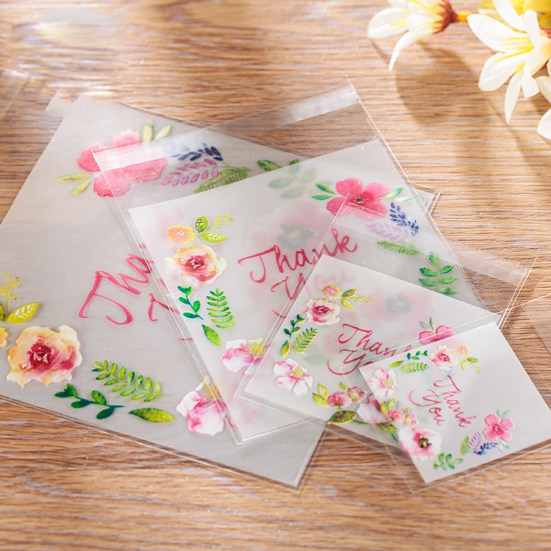 Set 100 Túi Nhựa Đựng Bánh Kẹo Có Keo Dán In Chữ Thank You