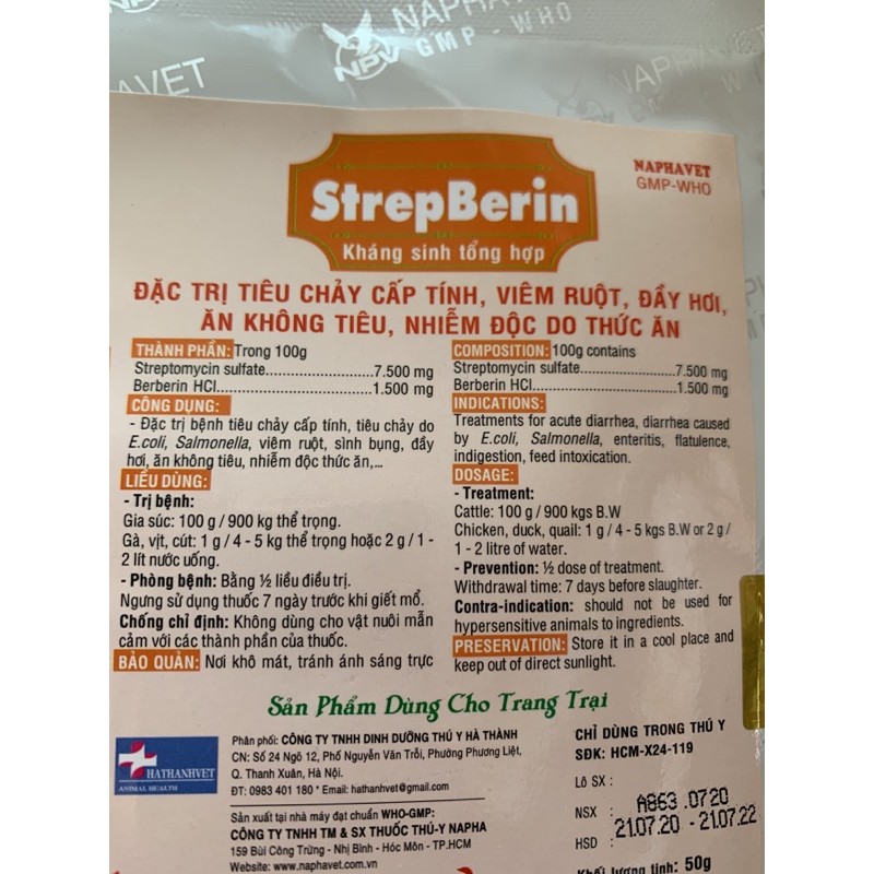 100g STREP BERIN - tiêu chảy, đầy hơi trên gà, vịt, ngan, cút, gia súc