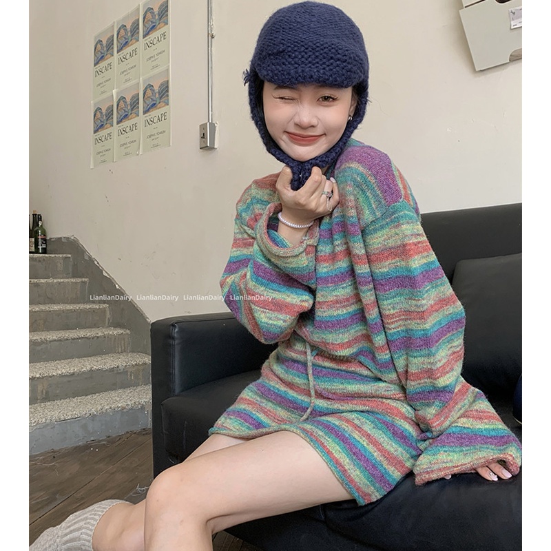 Set Áo Len Tay Dài Kẻ Sọc Phối Chân Váy Rút Dây Thời Trang Cho Nữ