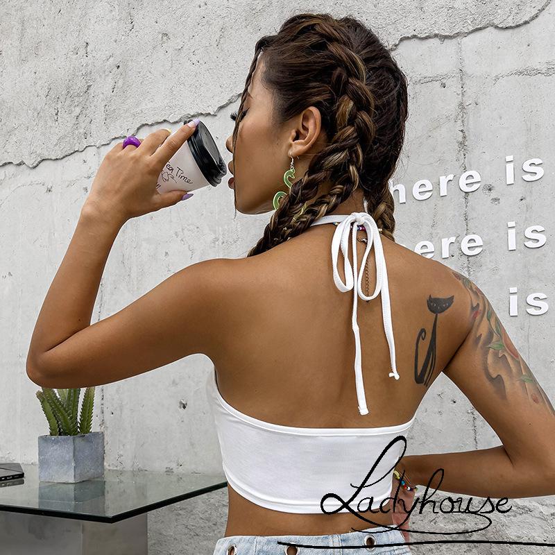 LDD-Women Fashion Tank Tops Heart Print Tie-Up Halter Vest Summer Casual Backless Exposed Navel Crop Tops