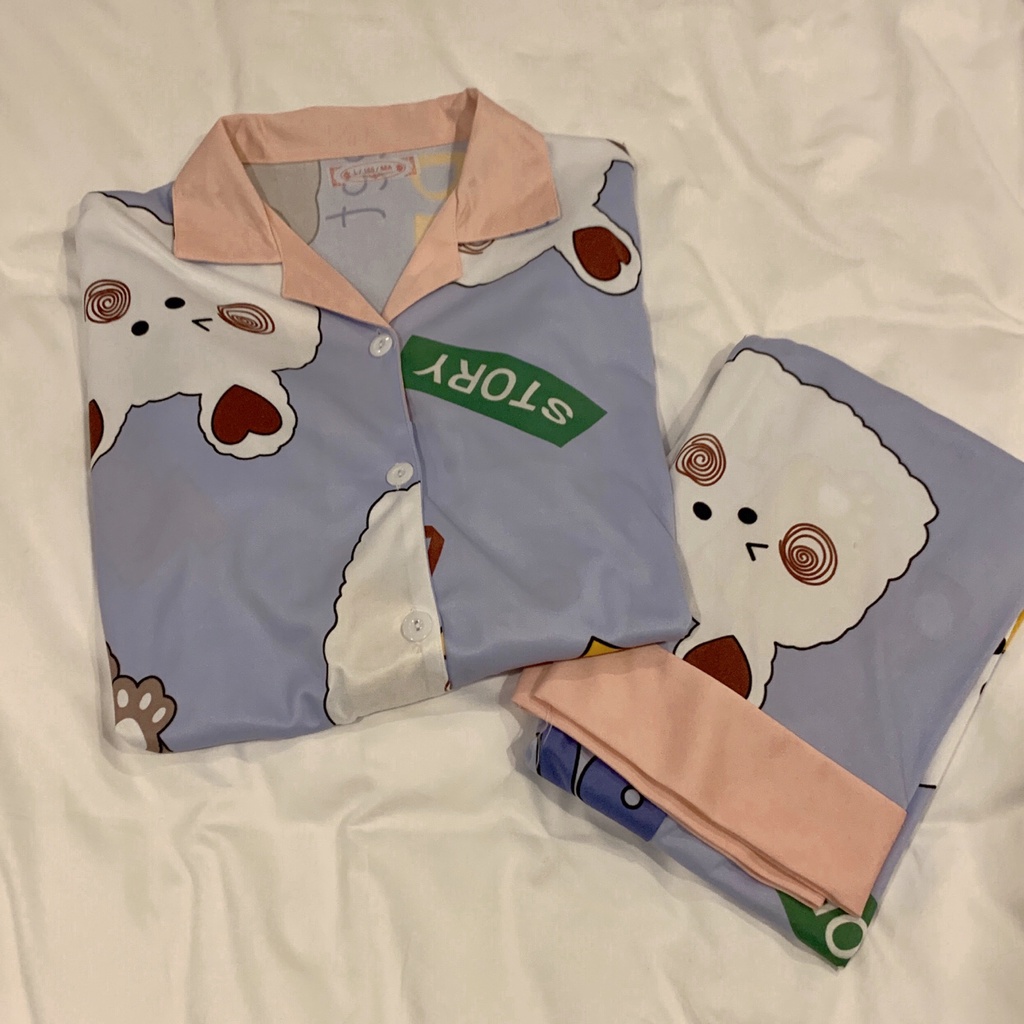 Bộ đồ ngủ cotton tay dài thời trang Hàn Quốc cho nữ