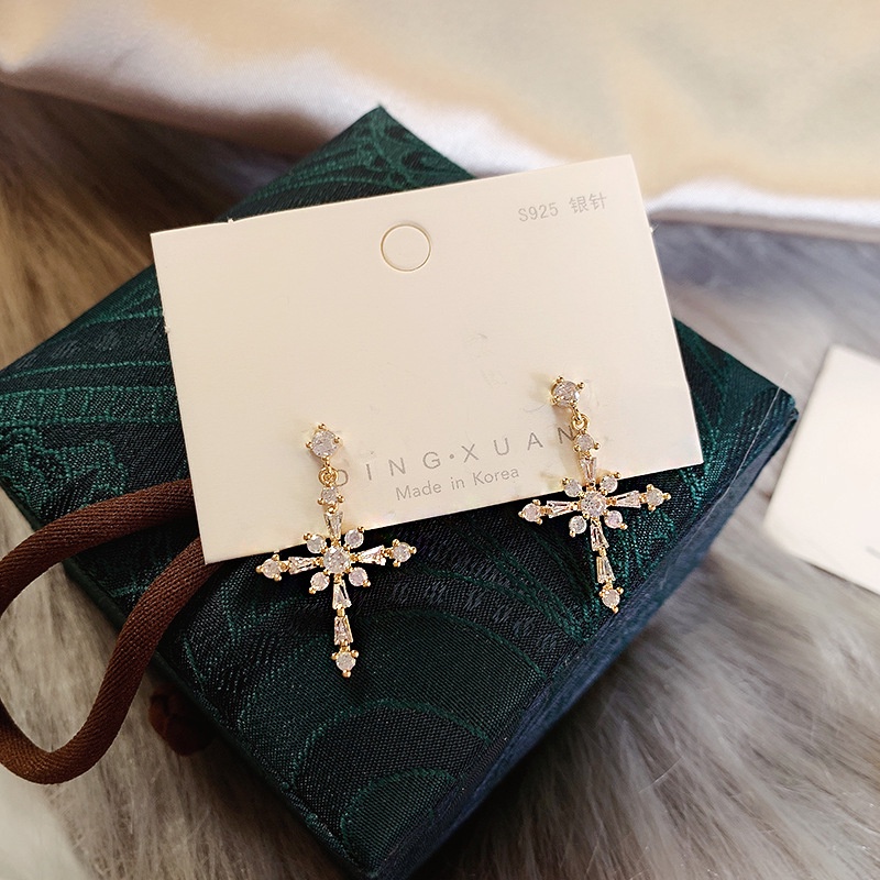 Khuyên Tai Bạc Sterling Hình Chữ Thập Đính Đá Zircon Màu Sắc Thanh Lịch Cá Tính Phong Cách Hàn Quốc