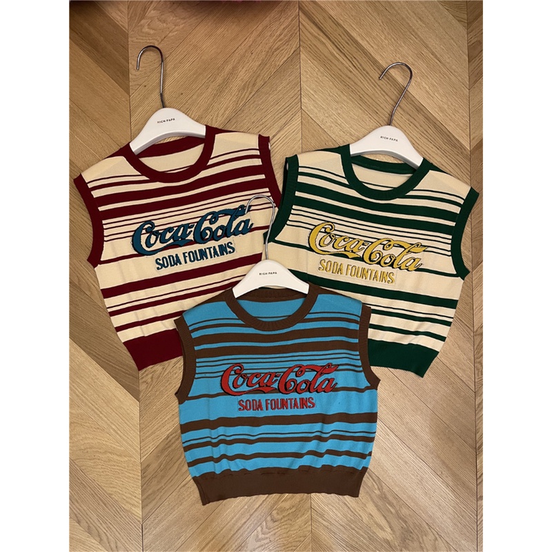 Áo tanktop XIAOZHAINV vải dệt kim sát nách kẻ sọc in chữ kiểu retro Hàn Quốc xinh xắn cho nữ