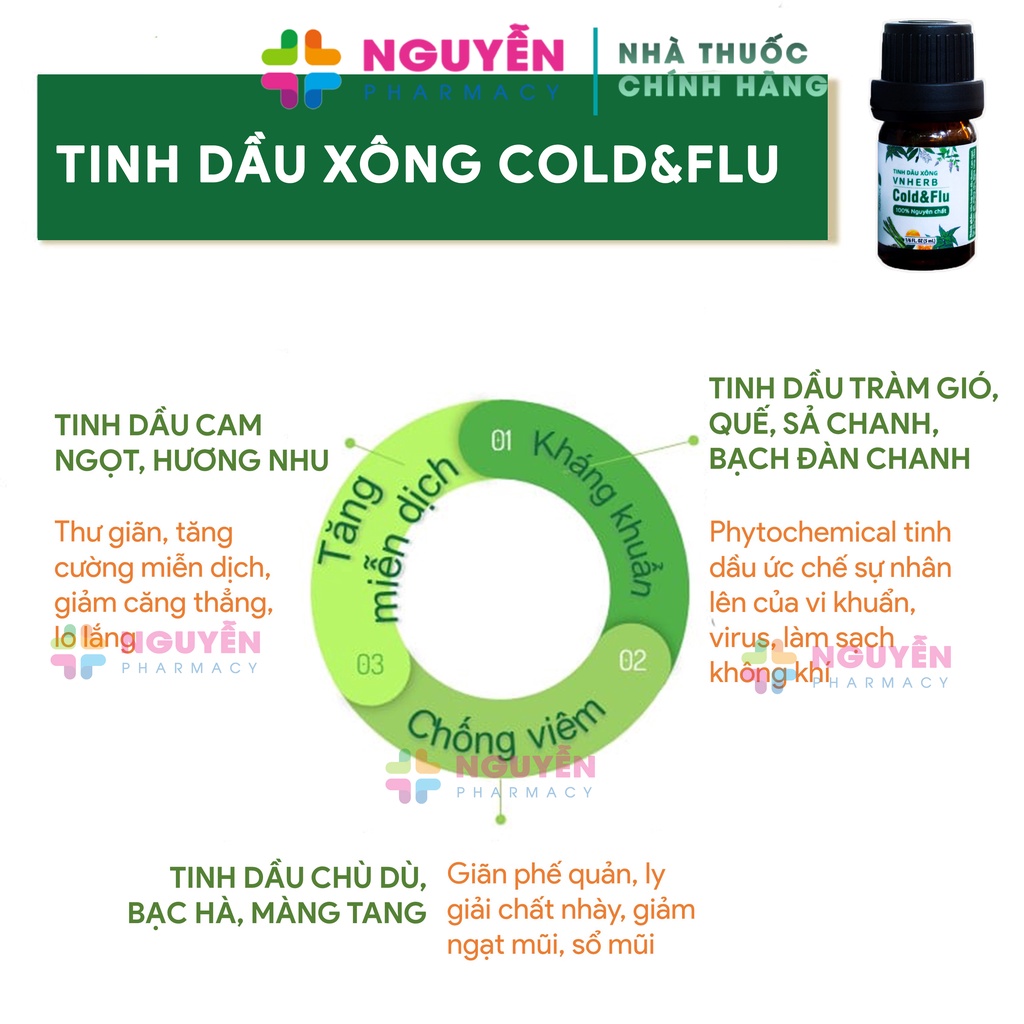 Tinh dầu xông VNHERB COLD &amp; FLU - Giúp xông hơi giải cảm, phòng ngừa cảm cúm, khử mùi, thư giãn