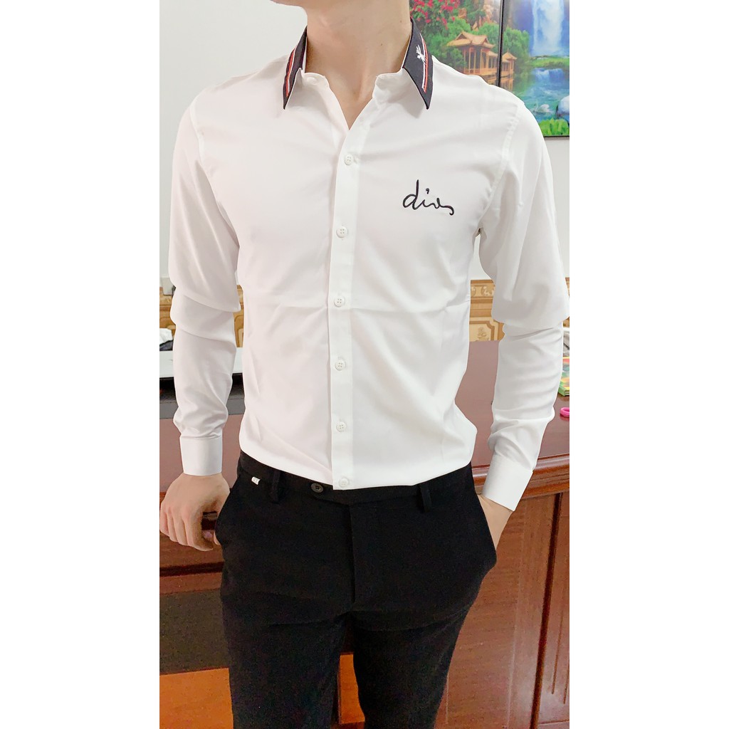 ÁO SƠ MI NAM CHẤT LỤA DÀI TAY PHONG CÁCH HỌA TIẾT LOGO THÊU | BigBuy360 - bigbuy360.vn
