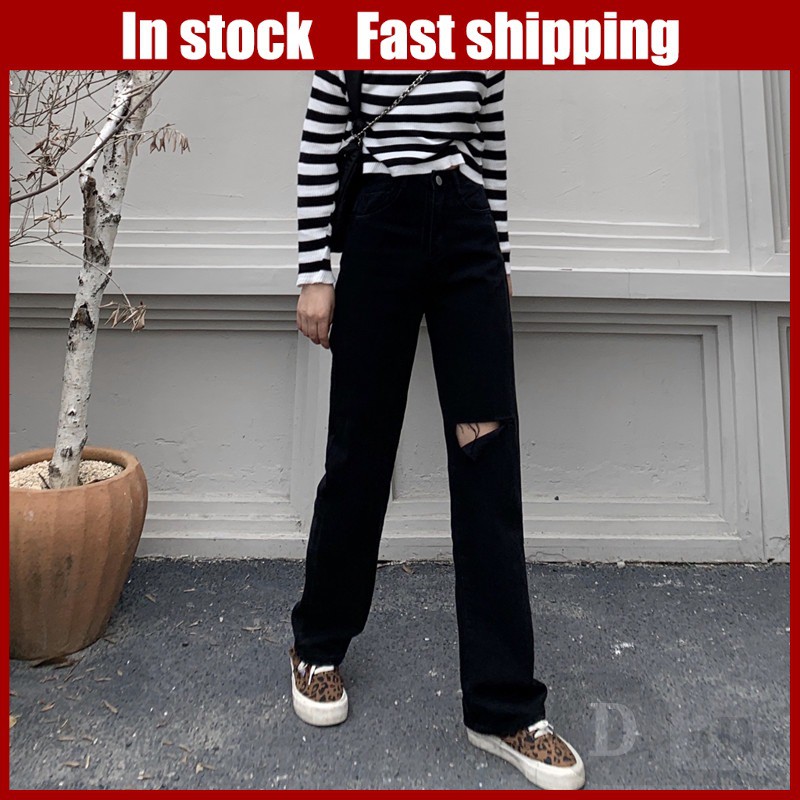 Quần jean dài thiết kế rách gối thời trang cho nữ