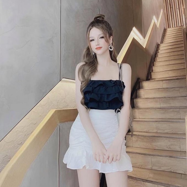 [Mã FASHIONT4WA2 giảm 10K đơn 50K] Áo Kiểu Nữ Hai Dây Vải Vol Xếp 4 Tầng Mẫu Mới Dễ Thương