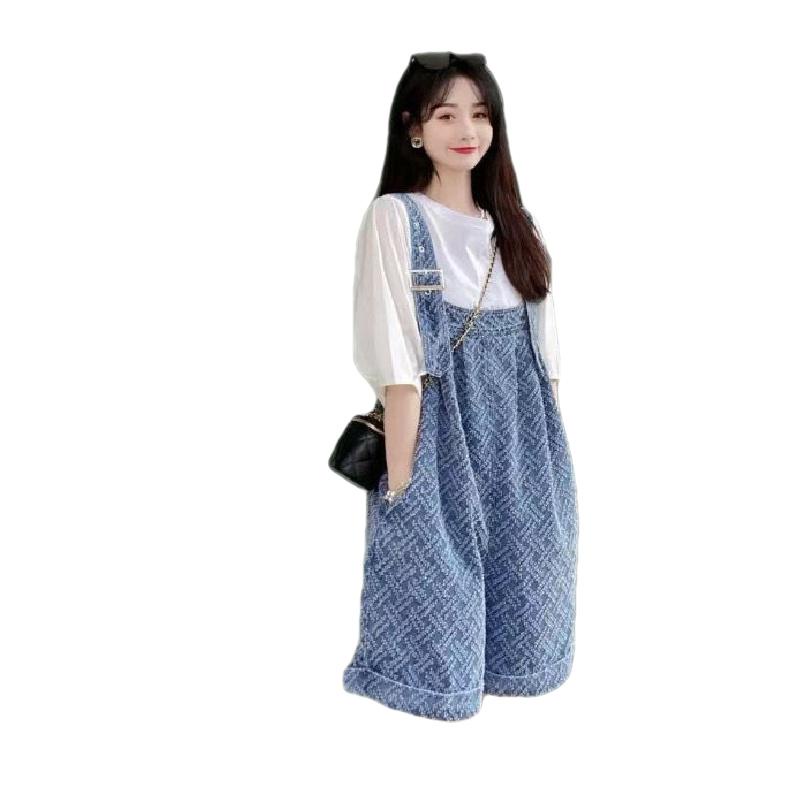 Set Áo Thun Ngắn Tay + Quần Yếm Denim Thời Trang Nữ Hàn Quốc