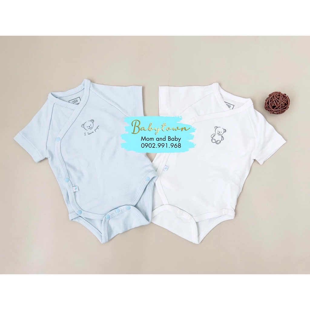 NOUS - SET 2 BODYSUIT CÀI LỆCH CỘC TAY XANH TRẮNG HÌNH GẤU NEWBORN
