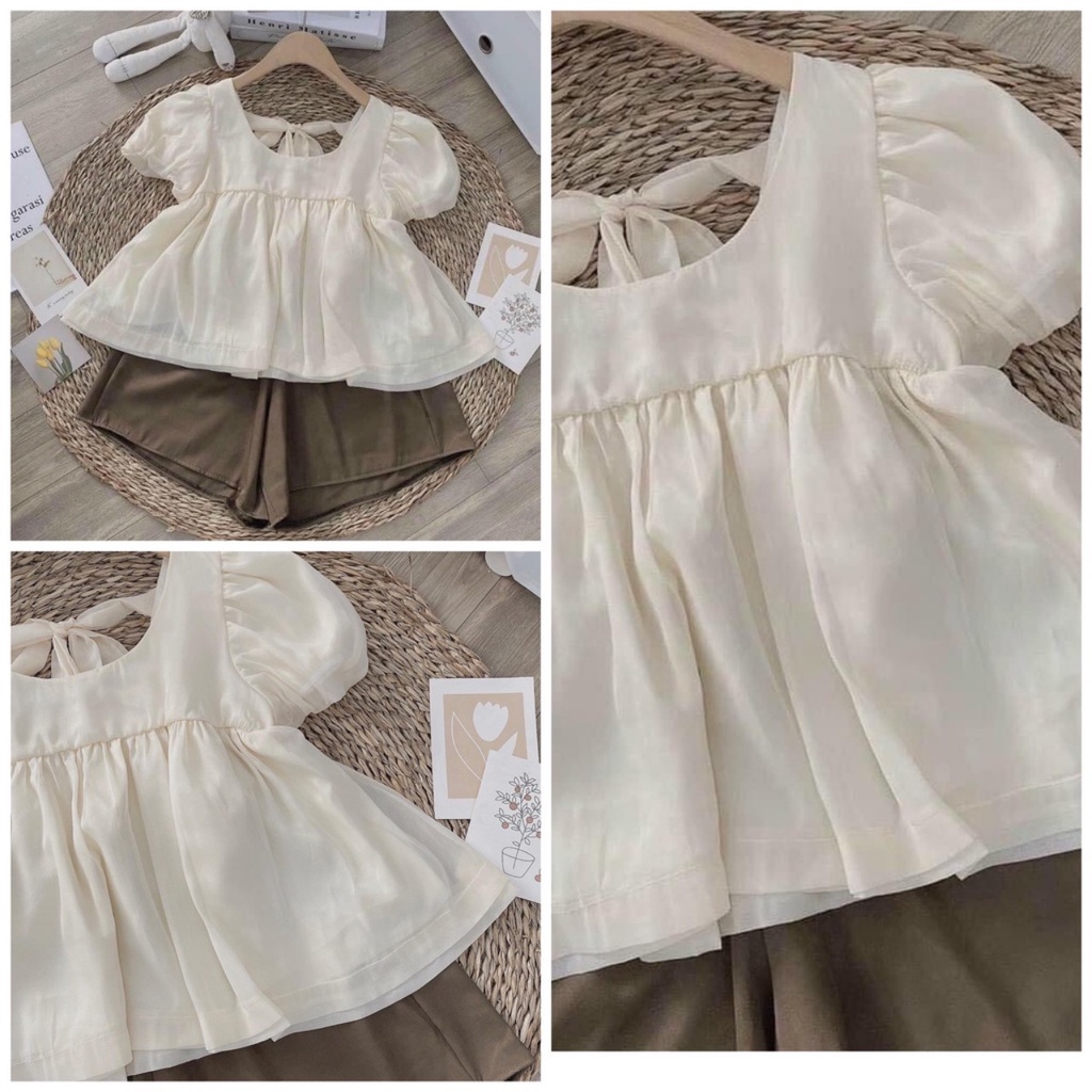 Set Đồ Nữ, Set Bộ Áo Babydoll Thắt Nơ Lưng Tay Bồng Kèm Quần Short Siêu Xinh