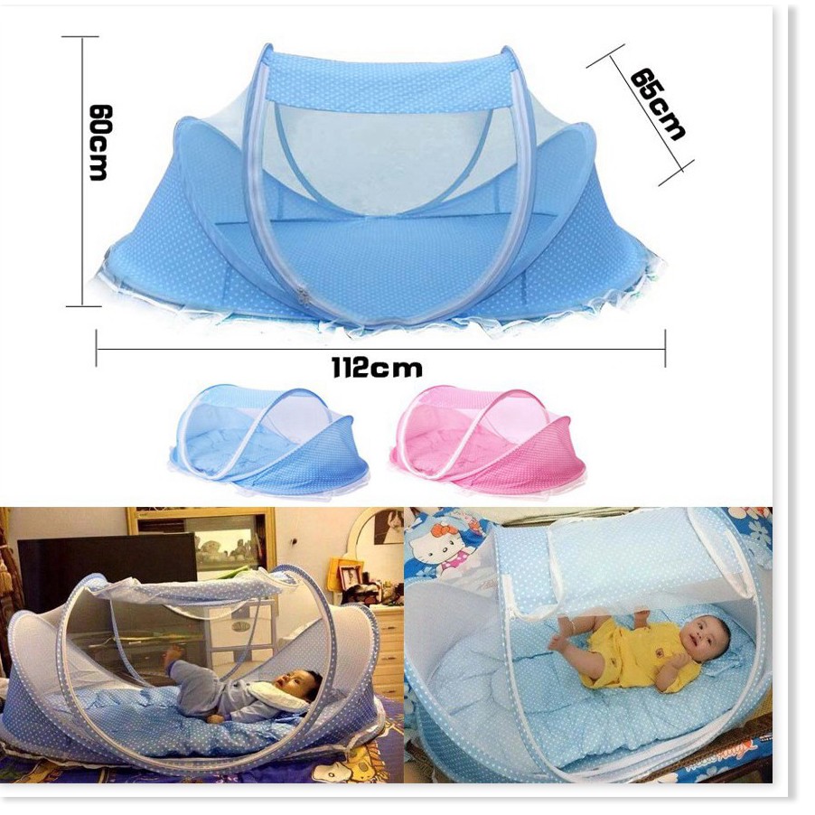Màn, mùng, nôi chụp cho em bé có nhạc, kèm đệm lót, gối đầu