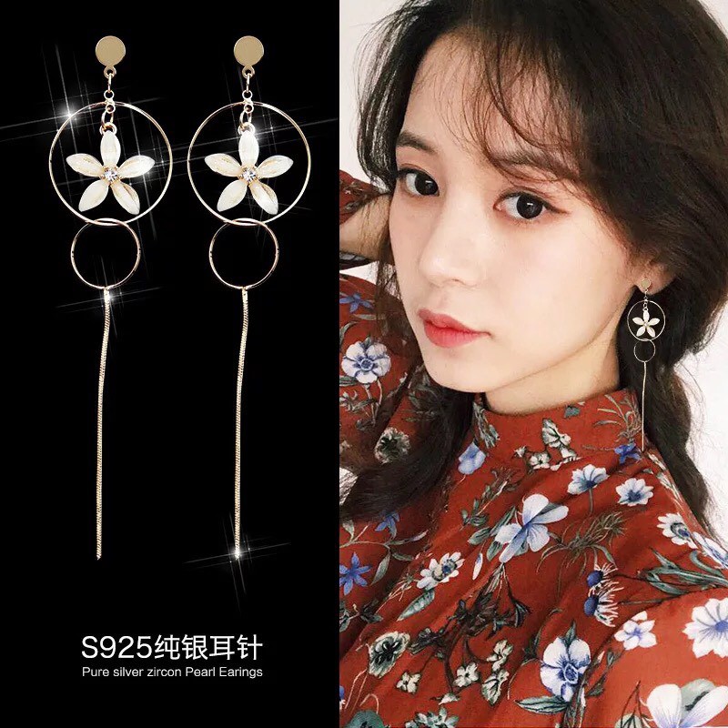 Bông tai Bạc 925 Phong Cách Hàn Quốc - KHOEN TRÒN SỢI DÀI HOA THỦY TINH ( Cao Cấp )- ẢNH CHỤP THẬT