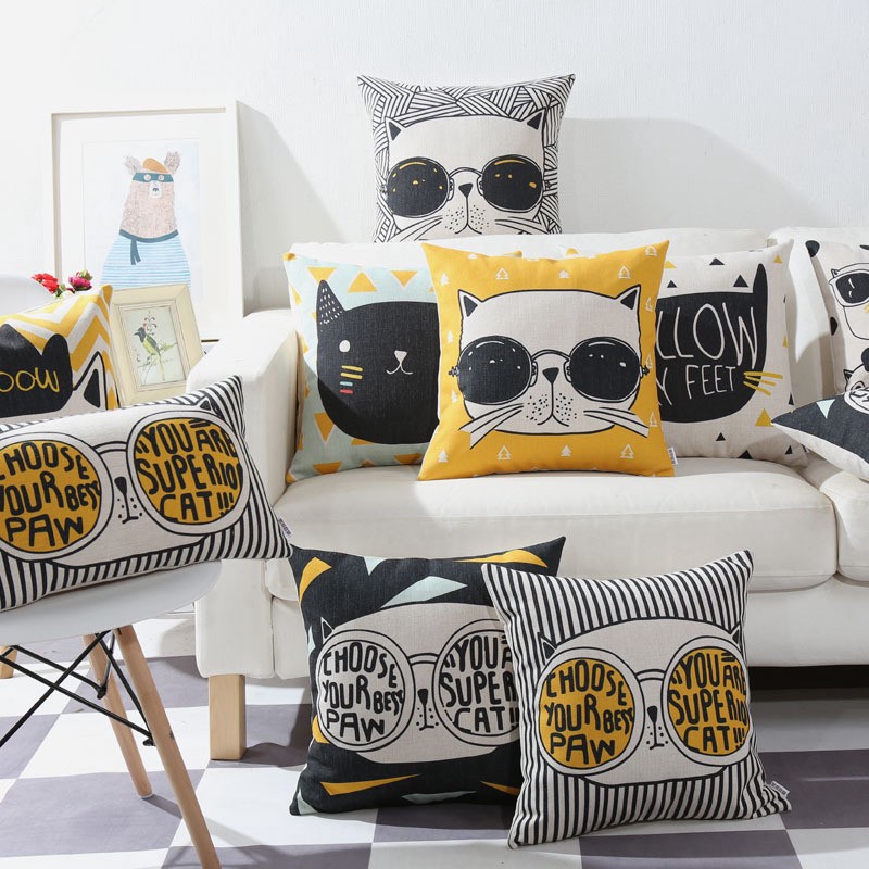 Áo gối kích thước 45cm x 45cm họa tiết hình mèo trang trí sofa sáng tạo