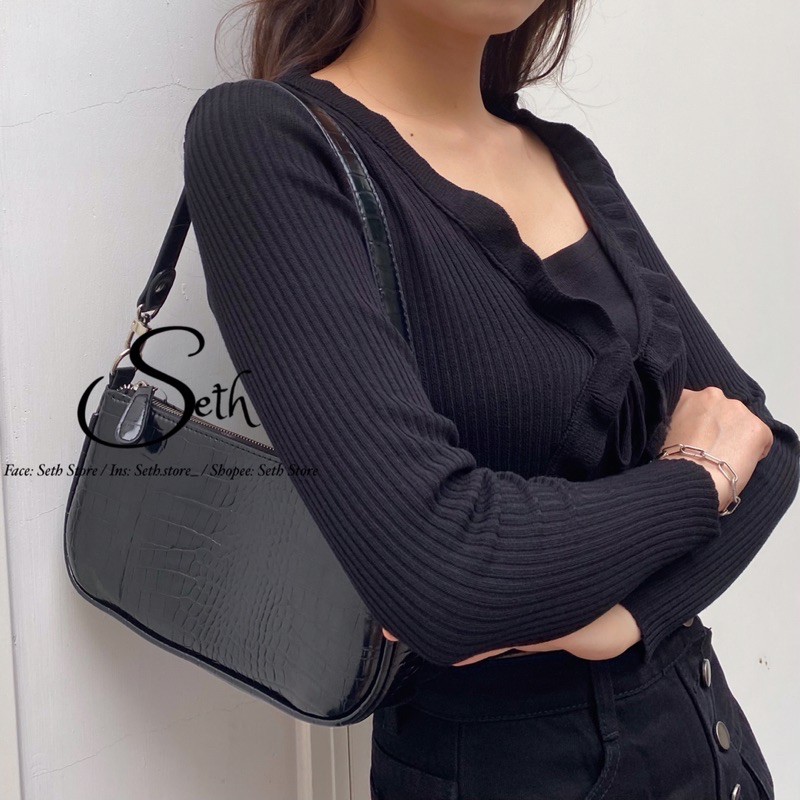 Áo Croptop Dài Tay Cách Điệu Hai Lớp Len Tăm Mềm Mại SAC08