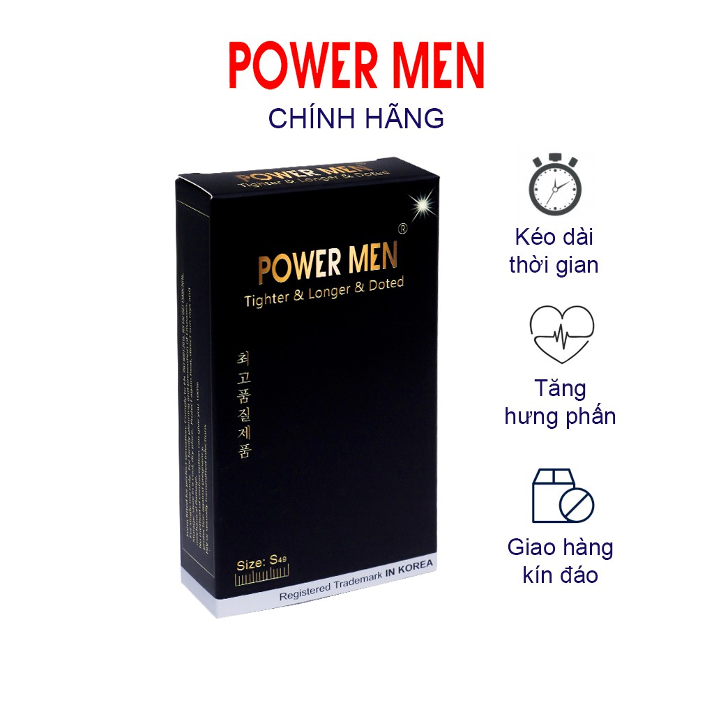 Bao cao su Power Men Tighter & Longer & Dotted Ôm sát, Tăng khoái cảm và Kéo dài size nhỏ 49mm Hộp 12 bao