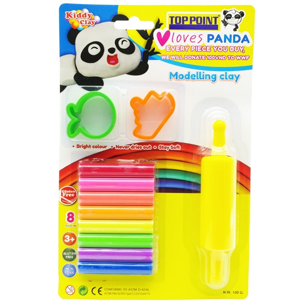 Đất Nặn 8 Màu +2 Khuôn+ Cây Lăn - Kiddy Clay ST-100-8+2SM/R