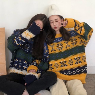 Áo Len Ulzzang Thổ Cẩm Áo Len Nữ Đẹp Dáng Rộng Tay Dài Xanh Vàng kiểu hàn quốc