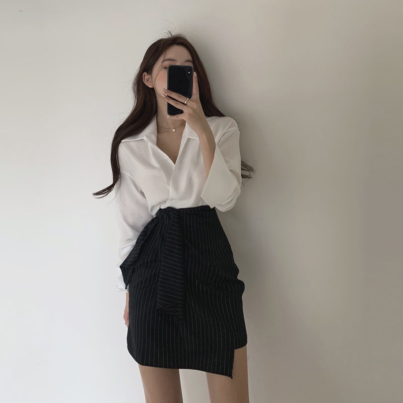 Mới Set Áo Sơ Mi Và Chân Váy Lưng Cao Phong Cách Hàn Quốc Xinh Xắn Cho Nữ