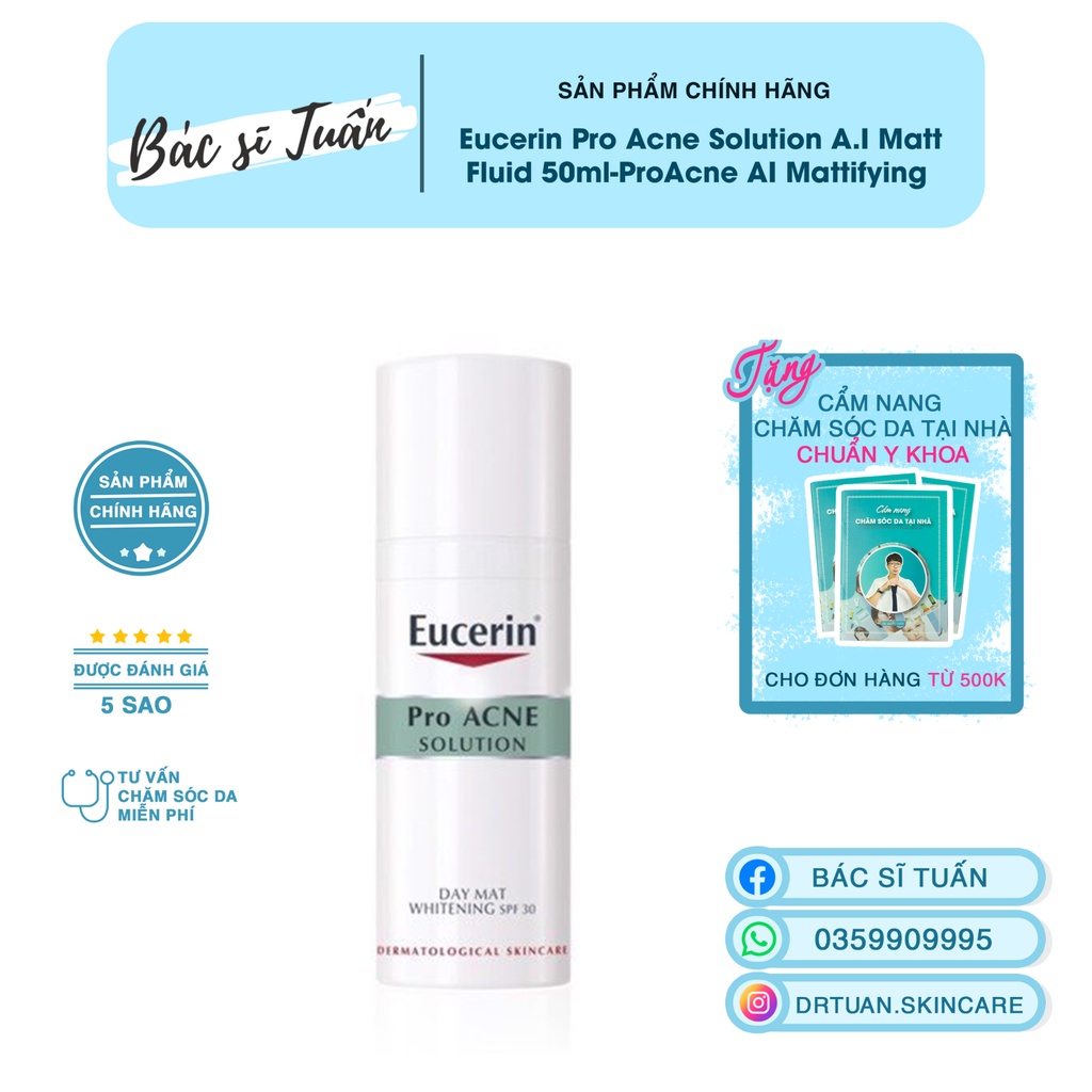 Kem Dưỡng Ẩm, Kiểm Soát Nhờn Ngừa Mụn - Eucerin Pro Acne Solution A.I Matt Fluid 50ml-ProAcne AI Mattifying [CHÍNH HÃNG]