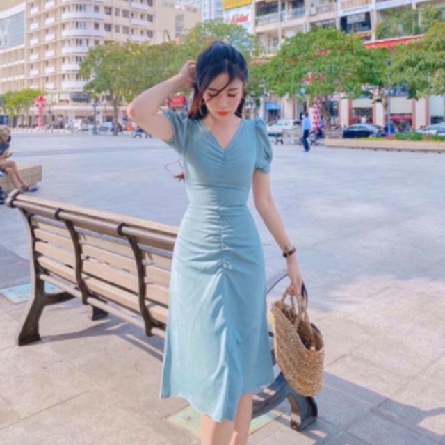 Đầm xoè tiểu thư màu xanh mint nhún eo