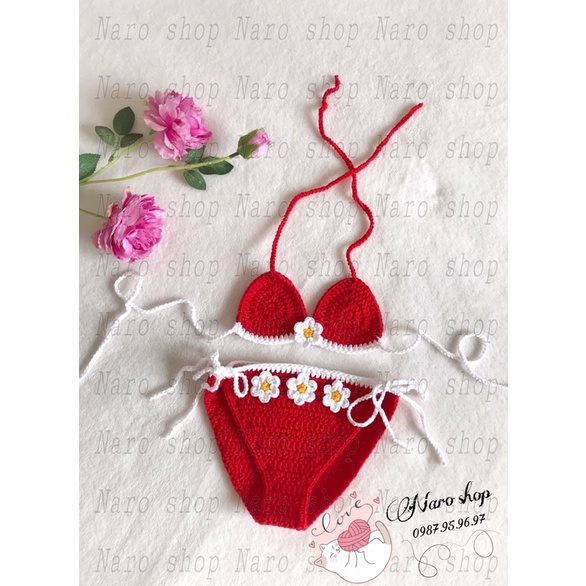 (HÀNG CÓ SẴN) BỘ BIKINI LEN MÓC HOA CÚC CHO BÉ
