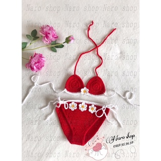 (HÀNG CÓ SẴN) BỘ BIKINI LEN MÓC HOA CÚC CHO BÉ