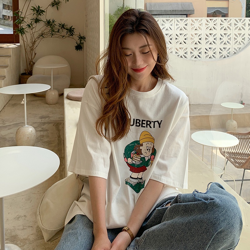 Áo Thun Tay Ngắn Cổ Tròn In Họa Tiết Hoạt Hình Phong Cách Hàn Quốc