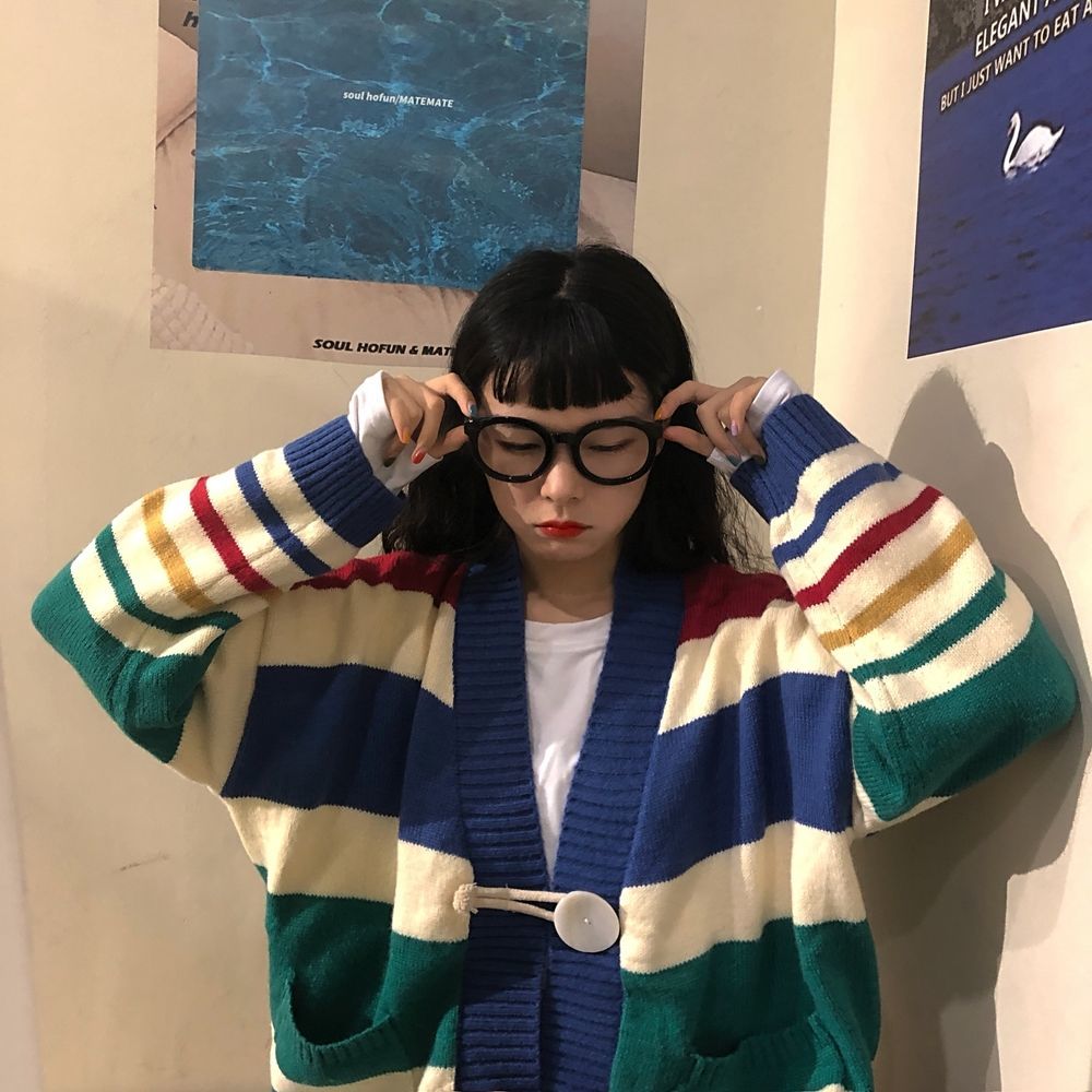 Áo khoác len cardigan dáng rộng họa tiết kẻ sọc ngang trẻ trung thời trang