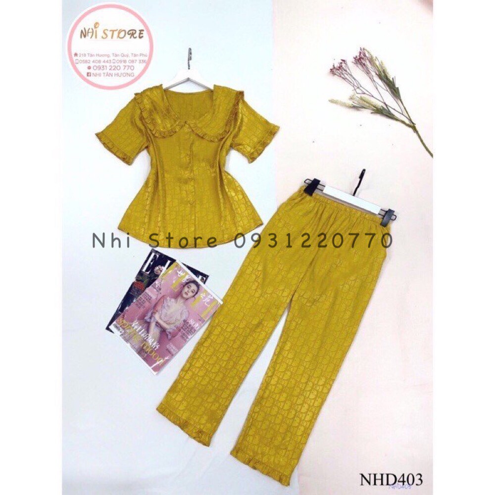 [FREESHIP 50K] Đồ Bộ Nhà Pijama NHISTORE Quần Dài Tay Ngắn Vải Gấm Satin Cổ Bèo Dễ Thương Freesize 45-57kg